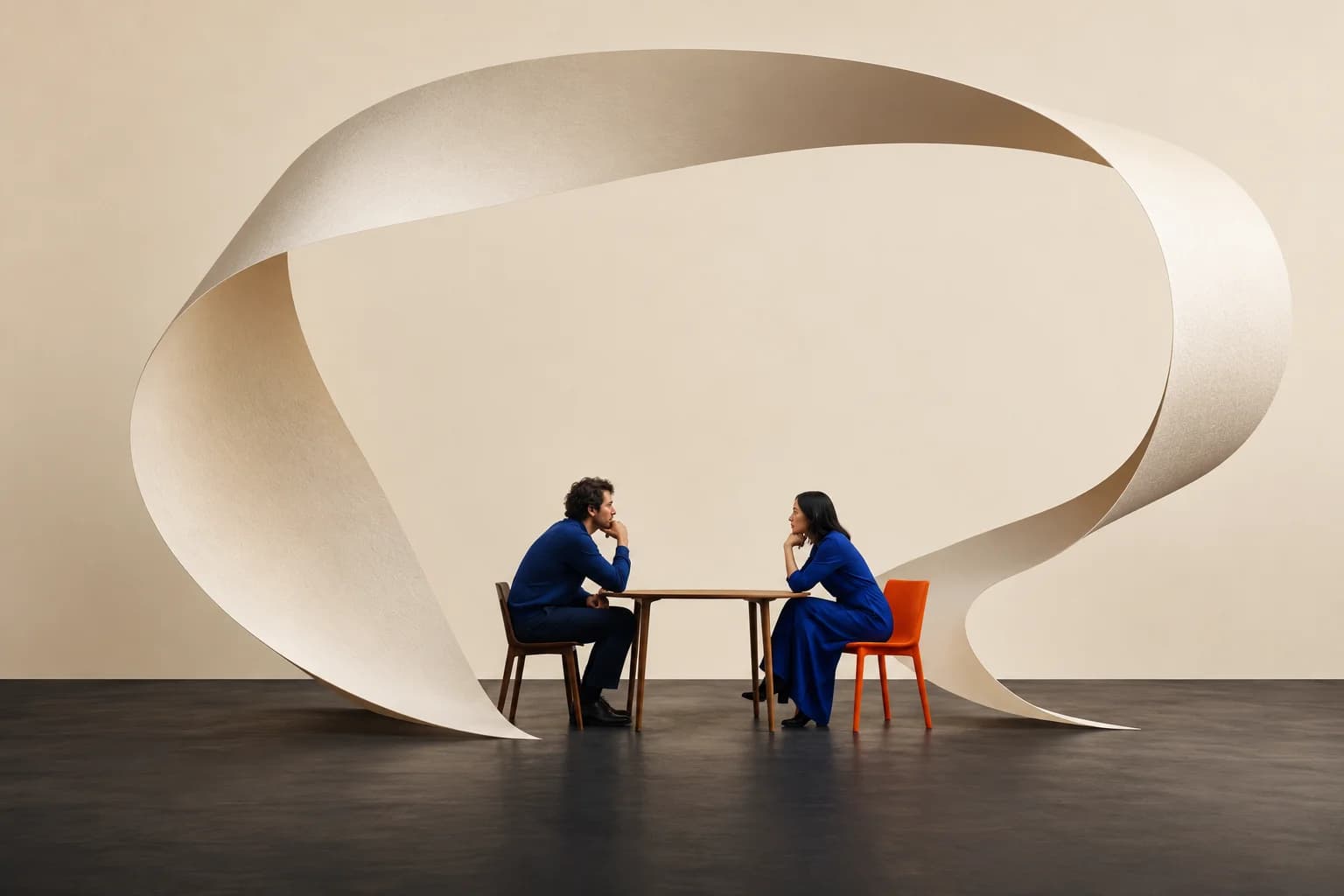 Conceptual scene of two people in conversation, surrounded by an oversized looping speech-bubble sculpture.
