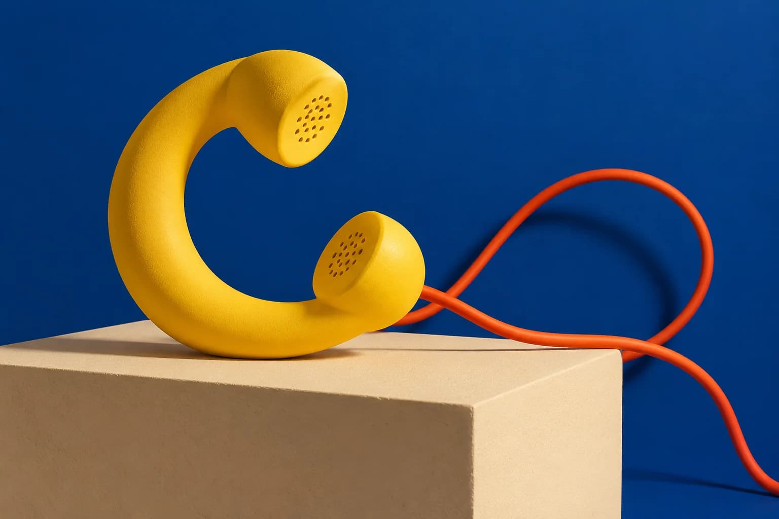 A sculptural yellow telephone handset with an orange cable against a cobalt backdrop, a conceptual invitation to conversation.